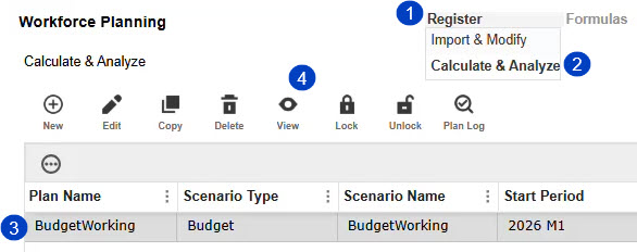 1. Register Menu 2. Calculate and analyze selection 3. Select a Plan 4. View button